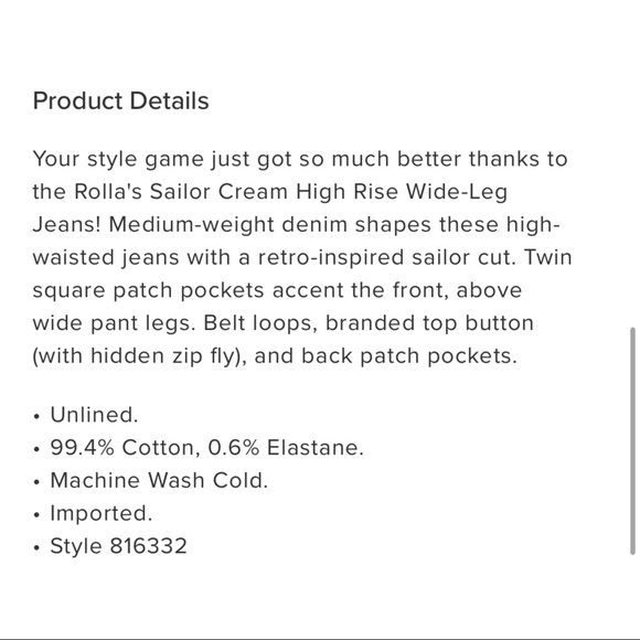 Rolla's Sailor Cream High Rise Wide-Leg Jeans (26) - Picture 6 of 9